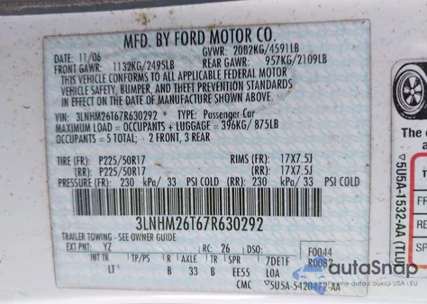 2007 Lincoln Mkz from USA, damaged, VIN 3LNHM26T67R630292